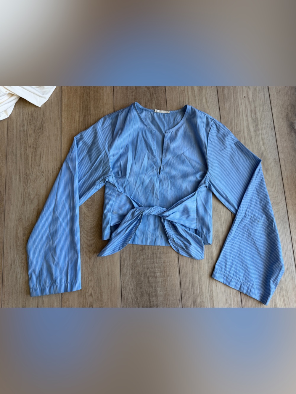 Blue Ribbed Tie-Front Professional Top